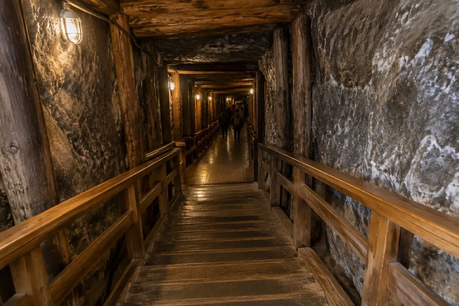 Drewniane schody prowadzące w dół korytarza Kopalni Soli w Wieliczce