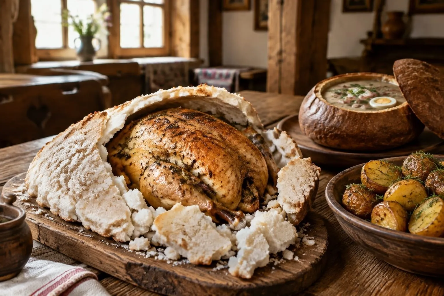 Danie pieczone w soli podawane na drewnianej desce w restauracji w Wieliczce