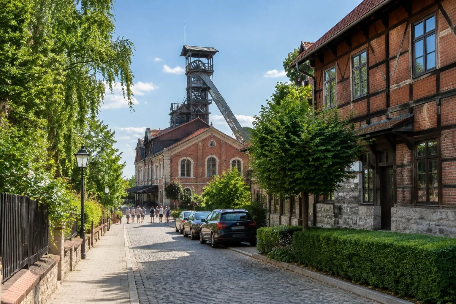 Ulica Daniłowicza w Wieliczce w letnie przedpołudnie z budynkiem Szybu Daniłowicza w tle